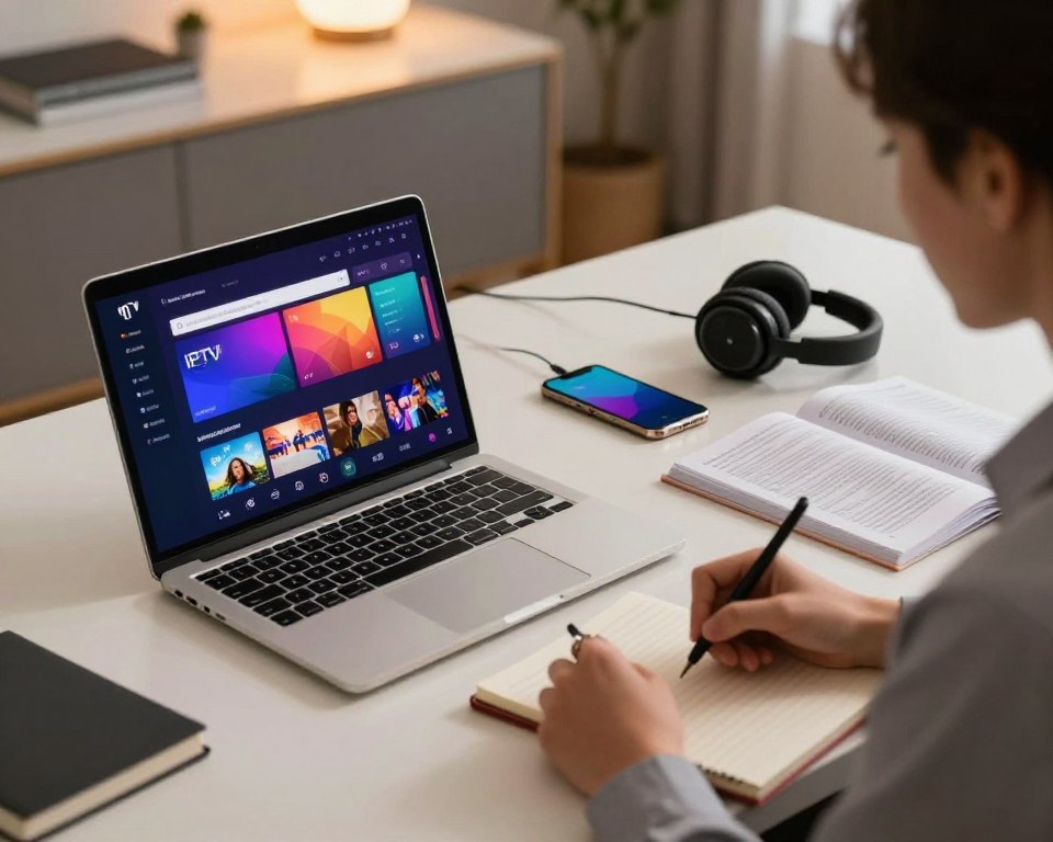 A clean and modern workspace featuring a laptop displaying a vibrant IPTV interface, situated in the foreground. A person, dressed in professional business attire, is actively navigating the installation process while taking notes. In the middle ground, various tech accessories such as a smartphone, headphones, and a guidebook on IPTV installation are spread out. The background includes a stylish desk with soft lighting, creating a calm and focused atmosphere. The lighting is warm and inviting, casting a soft glow over the scene, enhancing the productive mood. The angle captures the setup from a slight elevation, emphasizing the interconnectedness of technology in streaming activation.