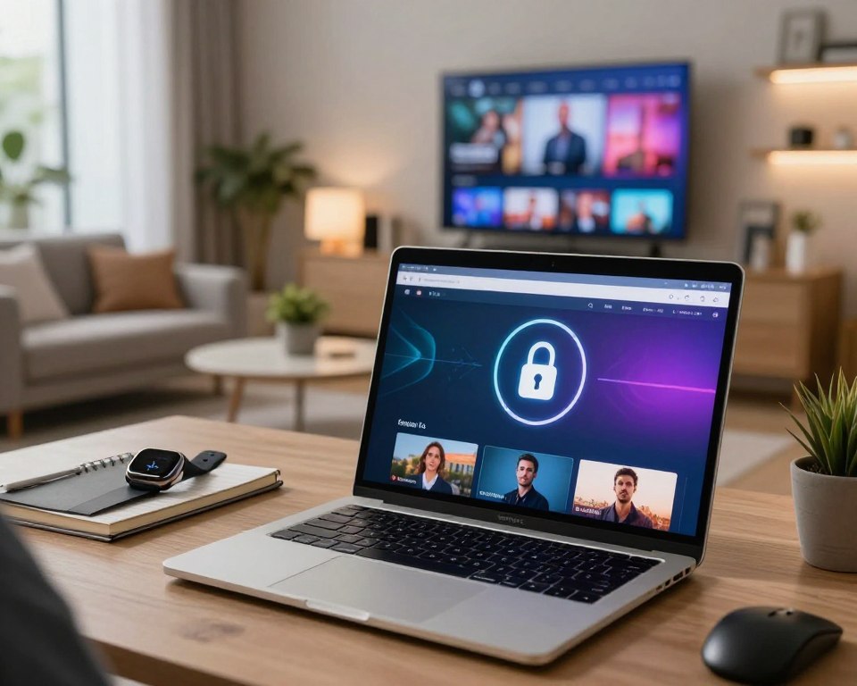 A close-up view of a modern digital workspace illustrating secure IPTV streaming. In the foreground, a sleek laptop displays a vibrant streaming interface with a lock symbol representing security. Surrounding the laptop, stylish business attire items such as a smart watch and a notebook create a professional atmosphere. The middle ground features a modern lounge area with comfortable seating, soft lighting, and a large digital screen showcasing premium content. The background includes an elegant, softly lit home office with plants and modern decor. The mood is sophisticated yet inviting, conveying a sense of security and uninterrupted streaming. Use soft, warm lighting to enhance a cozy ambiance, with a shallow depth of field to focus on the laptop.