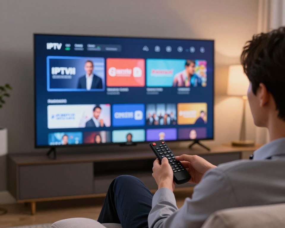 A close-up view of a modern smart TV displaying an IPTV interface, showcasing various streaming options. In the foreground, a person wearing professional business attire is sitting comfortably on a sleek couch, intently focused on the screen, holding a remote control. Surrounding the TV, hints of a stylish living room such as soft cushions and subtle ambient lighting, creating a cozy yet tech-savvy atmosphere. In the background, a connection test graphic with diverse icons implying speed and stability, gently illuminated by soft lighting that adds warmth to the scene. The overall composition should convey a sense of ease and confidence in experiencing seamless streaming, highlighting the theme of connectivity and testing.