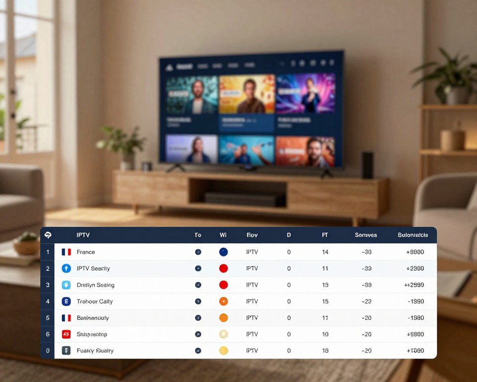 A comparison table showcasing various IPTV service offers in France, displayed prominently in the foreground. The table should include a range of service options with symbols and icons representing features like streaming quality, device compatibility, and pricing. In the middle ground, depict a sleek modern living room with a large TV screen displaying vibrant streaming visuals, creating a cozy atmosphere. The background should have soft, warm lighting that gives a welcoming feel, with subtle hints of French architecture through window frames. Use a wide-angle lens perspective to enhance the scene, capturing both the detailed table and the inviting room setup, conveying a sense of modern entertainment and digital advancement.