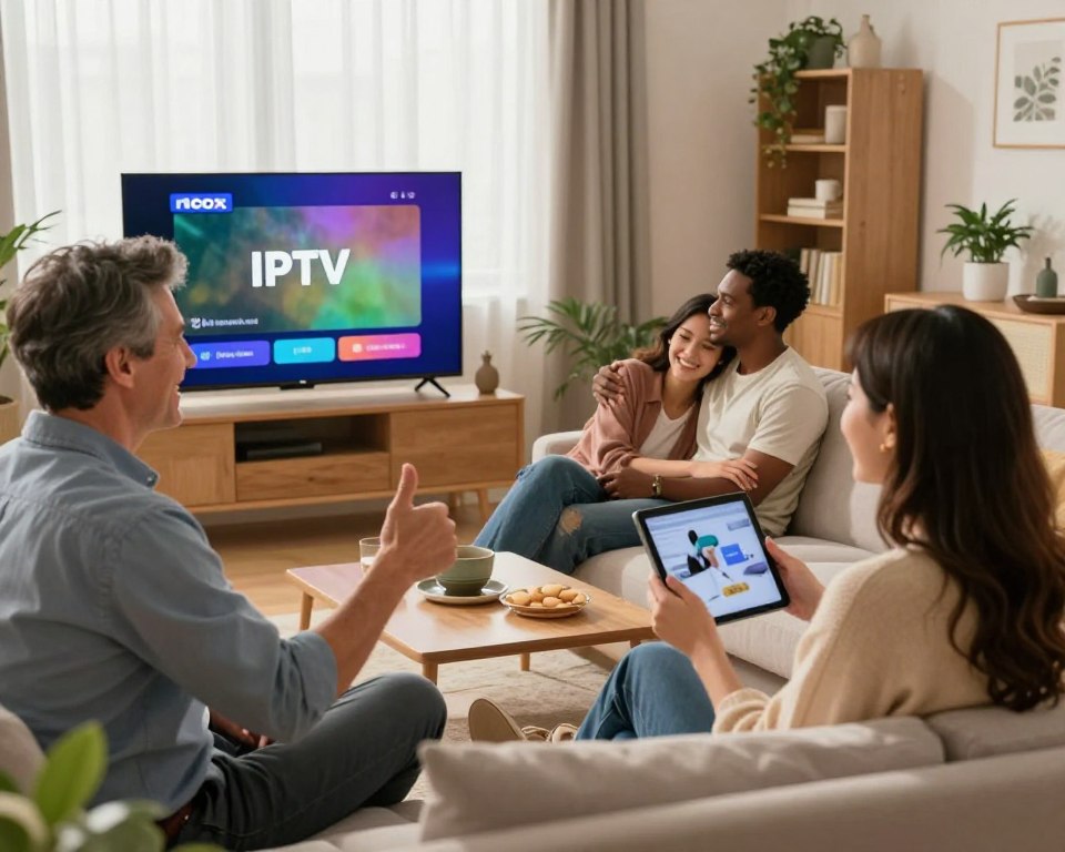 A cozy and inviting living room setting featuring a diverse group of satisfied customers watching IPTV on a large flat-screen TV. In the foreground, a middle-aged man in business casual attire smiles, giving a thumbs up. Beside him, a young woman checks her tablet, showcasing enjoyment. In the middle, a couple, both casually dressed, are cuddled up on a sofa, engaged in a show. Natural light floods through a window, creating a warm atmosphere. In the background, soft decorations like plants and a bookshelf add to a comfortable home vibe. The scene captures a mood of happiness and connection, highlighting the enjoyment of watching Nox IPTV in a family-friendly environment.