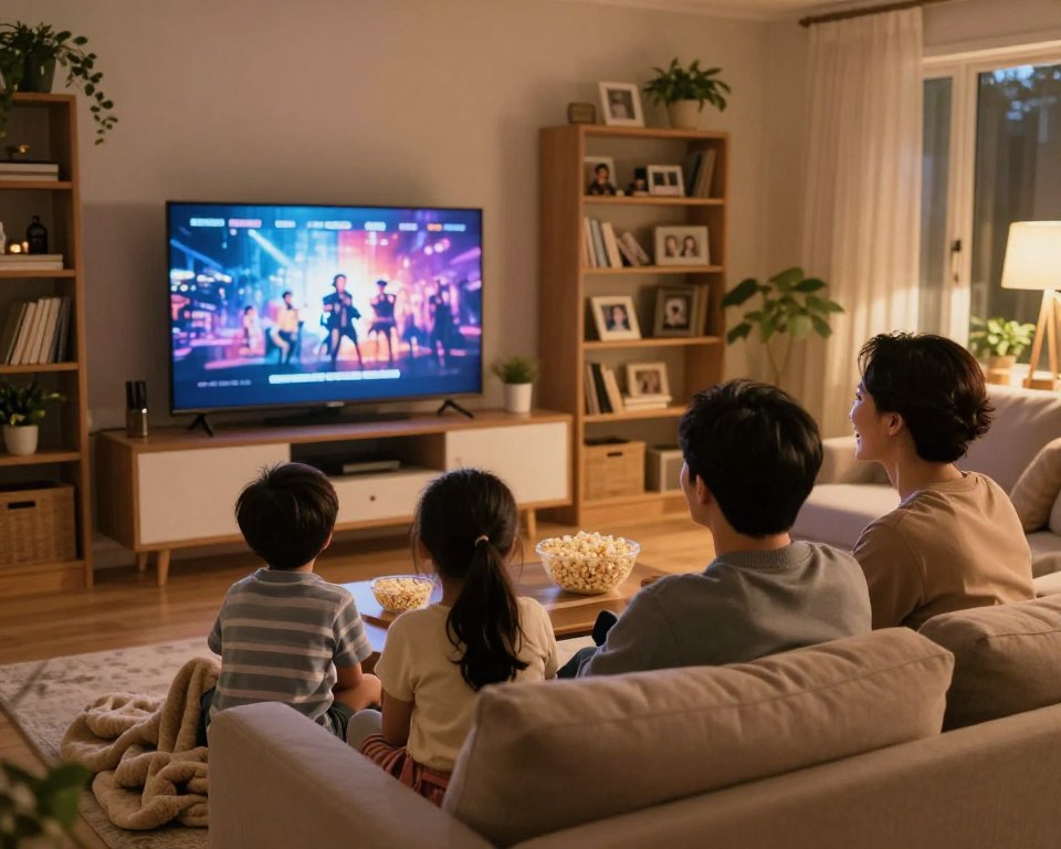 A cozy family living room scene, featuring a family of four enjoying a movie night together. In the foreground, a father and mother sit on a comfortable couch, both dressed in smart casual attire, smiling as they watch the TV. Their children, a boy and a girl, are seated on the floor, surrounded by popcorn bowls and blankets, captivated by the screen. The middle ground showcases a large flat-screen TV displaying colorful movie graphics, casting a warm glow across the room. The background includes soft-lit shelves filled with books, family photos, and plants, creating an inviting atmosphere. The lighting is soft and warm, adding to the relaxed vibe of the scene, while a wide-angle view captures the entire space, reinforcing a sense of family togetherness and entertainment.