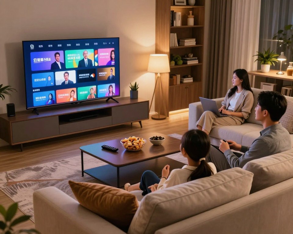 A cozy home environment showcasing a high-definition streaming experience. In the foreground, a modern living room with a plush sofa, elegantly styled with cushions, facing a large, sleek flat-screen TV that displays vibrant, sharp visuals from a streaming platform. The middle layer features a coffee table adorned with snacks and a remote control, hinting at a relaxing movie night. In the background, soft ambient lighting creates a warm atmosphere, accented by bookshelves and decorative plants. The scene captures a family in professional casual attire, engaged and enjoying their viewing experience, conveying a sense of comfort and sophistication. The composition is framed with a slightly elevated angle, focusing on the interaction and details of the environment.