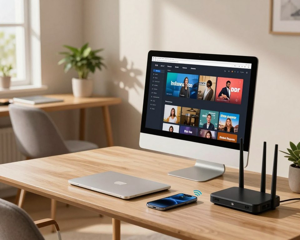 A cozy home office setup featuring a sleek desktop computer displaying a streaming application. In the foreground, a modern laptop, a smartphone, and a high-quality router symbolizing a stable internet connection, with indicators showing strong signals. The middle ground includes a comfortable chair and a stylish desk with a potted plant for a touch of tranquility. In the background, soft natural light streams in through a window, creating a warm, inviting atmosphere. The room exudes a sense of productivity and modernity, with neutral colors and minimalist decor, emphasizing the importance of a reliable internet connection for streaming services. The image should convey clarity, focus, and an environment conducive to enjoying IPTV streaming.