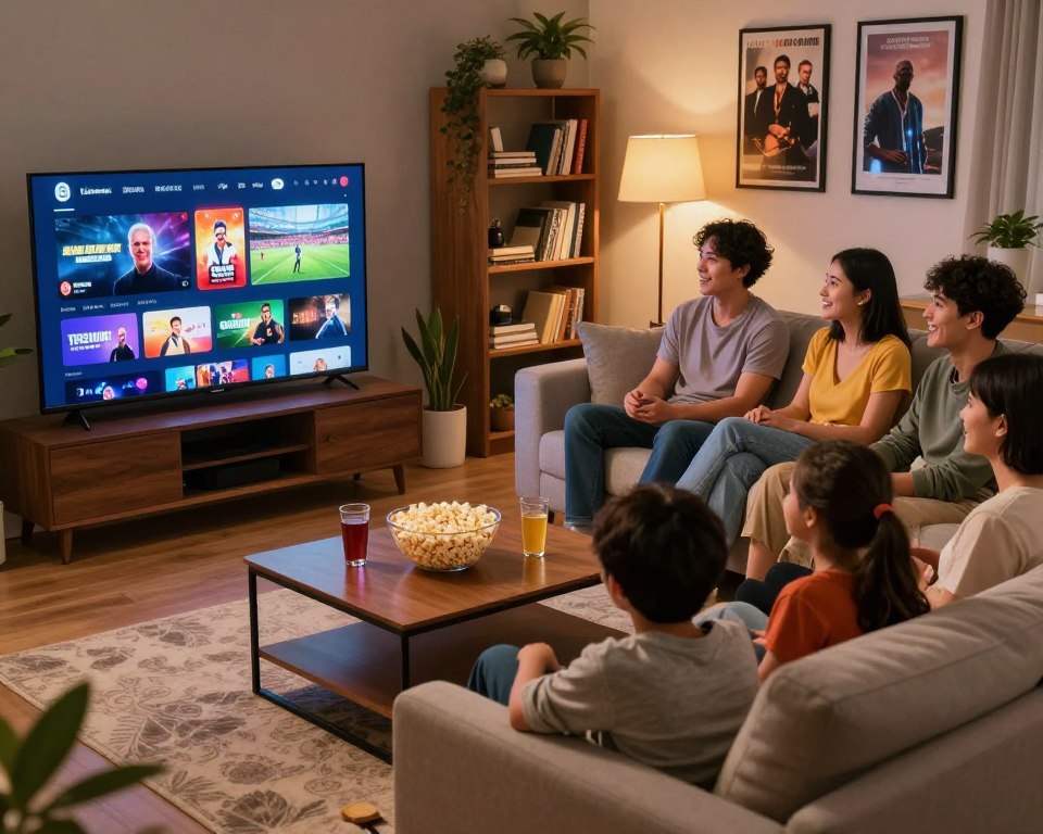 A cozy living room scene illustrating the advantages of a streaming subscription. In the foreground, a modern television displays vibrant streaming content, showcasing various genres like movies, sports, and documentaries. A family is seated on a comfortable sofa, dressed in casual clothing, enjoying their viewing experience with expressions of delight and engagement. In the middle, a stylish coffee table holds popcorn and drinks, emphasizing a home cinema vibe. The background features shelves filled with books, plants, and framed posters of popular shows. Soft, warm lighting creates an inviting atmosphere, suggesting relaxation and enjoyment. The angle is slightly elevated, providing a clear view of the family and television, while maintaining a sense of depth in the room.