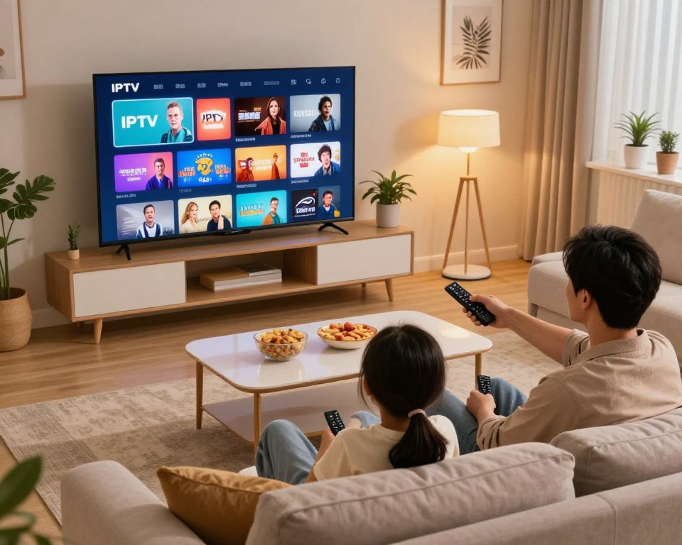 A cozy living room scene with a sleek, modern TV displaying a vibrant interface of IPTV channels, showcasing a variety of genres. In the foreground, a family of three—parents in smart casual attire and a child in comfortable clothing—are seated on a plush sofa, engaging with the streaming service on their remote control, radiating excitement and connection. The middle of the room features a stylish coffee table with snacks, emphasizing a relaxed family movie night atmosphere. In the background, soft evening lighting and decorative elements like plants and artwork create a warm, inviting vibe. The image should be bright yet cozy, captured from a slightly elevated angle to encompass the entire scene, evoking a sense of flexibility and enjoyment in home entertainment.