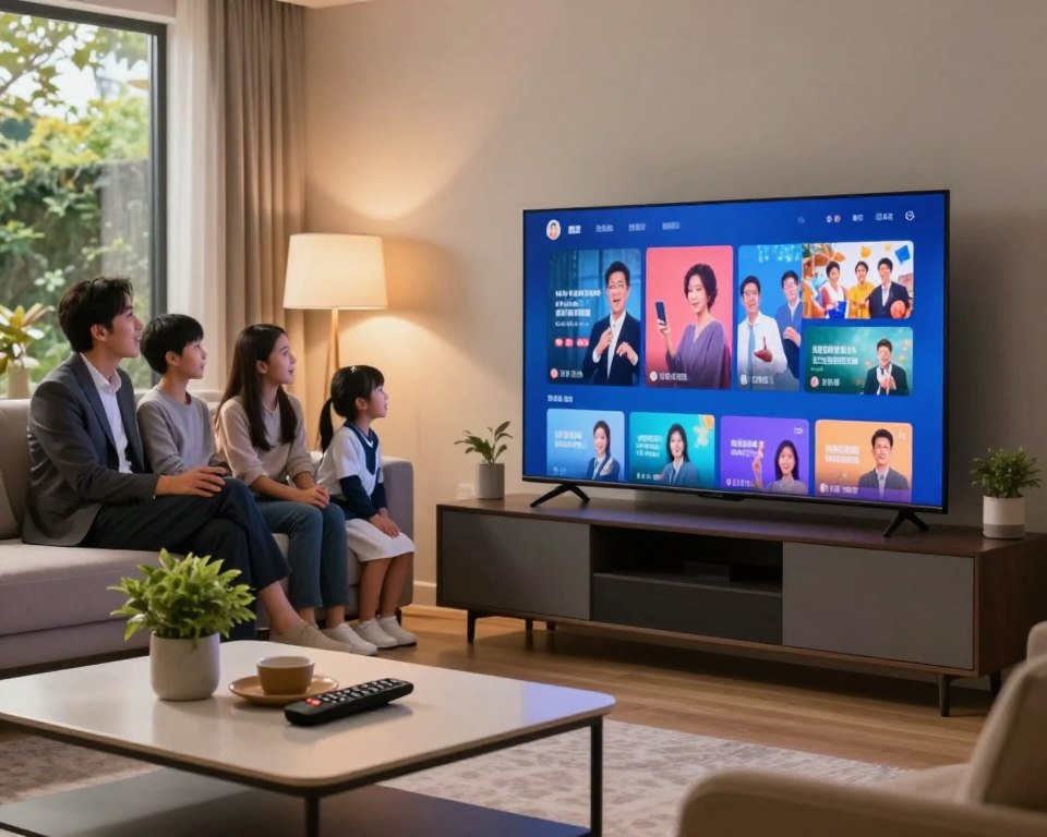 A cozy living room setting featuring a stylish, modern television displaying vibrant, high-definition streaming content. In the foreground, a sleek, minimalist coffee table is adorned with contemporary decor, including a potted plant and an open remote control. The middle of the scene showcases a family of four, dressed in professional business attire, gathered on a plush sofa, their expressions reflecting excitement and engagement with the content. Soft, warm lighting fills the room, creating an inviting atmosphere, while large windows in the background reveal a serene garden view. The angle captures a depth of field that emphasizes the immersive experience of high-definition streaming, with the television screen glowing brightly in the center of the composition.
