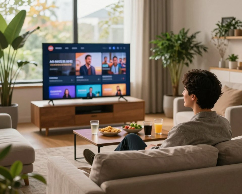 A cozy living room setting with a modern television displaying streaming content, surrounded by comfortable furniture, like a plush sofa and armchairs. In the foreground, a person in professional casual attire is seated calmly, focused on the screen, with an expression of satisfaction. The middle layer shows a coffee table with snacks and drinks, emphasizing a relaxed and enjoyable streaming experience. The background features large windows with soft daylight streaming in, creating a warm and inviting atmosphere. Incorporate lush indoor plants for a touch of nature. The lighting is soft and balanced, creating a serene mood, captured using a shallow depth of field to gently blur the edges, emphasizing the peaceful streaming environment.