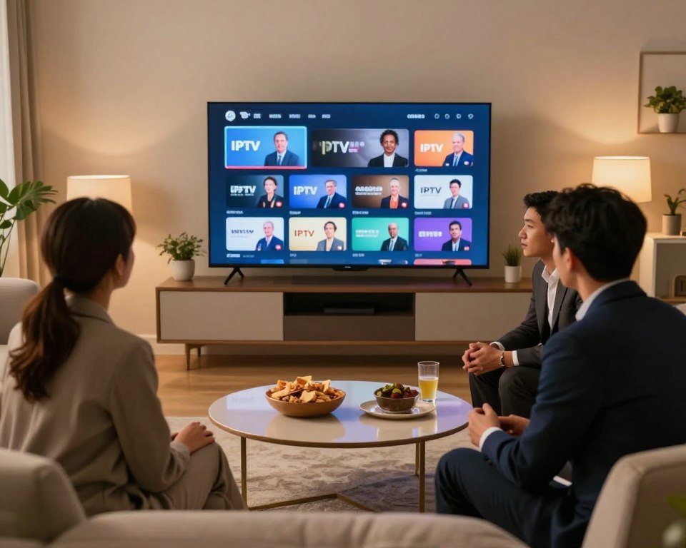 A cozy living room setting with a sleek modern TV displaying various IPTV channels on the screen. In the foreground, a diverse group of three individuals, dressed in professional business attire, are intently discussing the options. The middle layer showcases a stylish coffee table adorned with snacks and drinks, adding a casual touch to the environment. The background features a warm, inviting ambiance with soft lighting, accentuated by decorative plants and minimalist decor. The atmosphere should convey a sense of collaboration and enjoyment, highlighting the practical tips for enhancing IPTV experience. Use soft focus in the background for depth, with a slight vignette effect to draw attention to the group’s engagement.