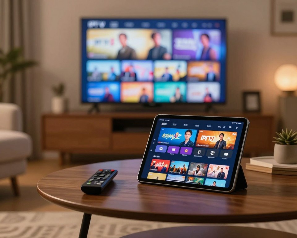 A cozy, modern living room setting, where a thoughtfully arranged coffee table occupies the foreground. On the table, a sleek remote control and a tablet display a vibrant user interface of an IPTV service, showcasing diverse streaming options. In the background, a large flat-screen TV shows colorful scenes from popular shows, hinting at the magic of entertainment. Soft, warm lighting creates an inviting atmosphere, with a gentle lens focus on the tablet, slightly blurred TV, and subtle hints of a plush sofa and decorative items enhancing the scene. The mood is engaging and comfortable, perfectly illustrating the notion of testing IPTV services in a home environment.