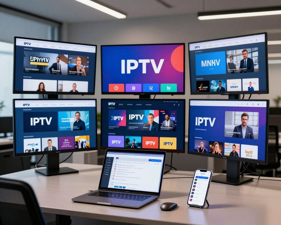 A detailed and comparative visual representation of IPTV service providers in France, showcasing several digital screens displaying various streaming interfaces. In the foreground, a modern office desk with sleek technology, including a laptop and a smartphone showing a messaging app, symbolizing communication about IPTV services. In the middle, six digital screens arranged in a semi-circle, each showcasing iconic logos of well-known IPTV providers with distinctive color themes and user interfaces. The background features a sophisticated office setting with soft lighting, giving it a professional atmosphere. The overall mood is informative and engaging, reflecting a clear focus on technology and media consumption trends in France. The image captures the essence of comparison and choice within the IPTV landscape, inviting viewers to explore the best options available.