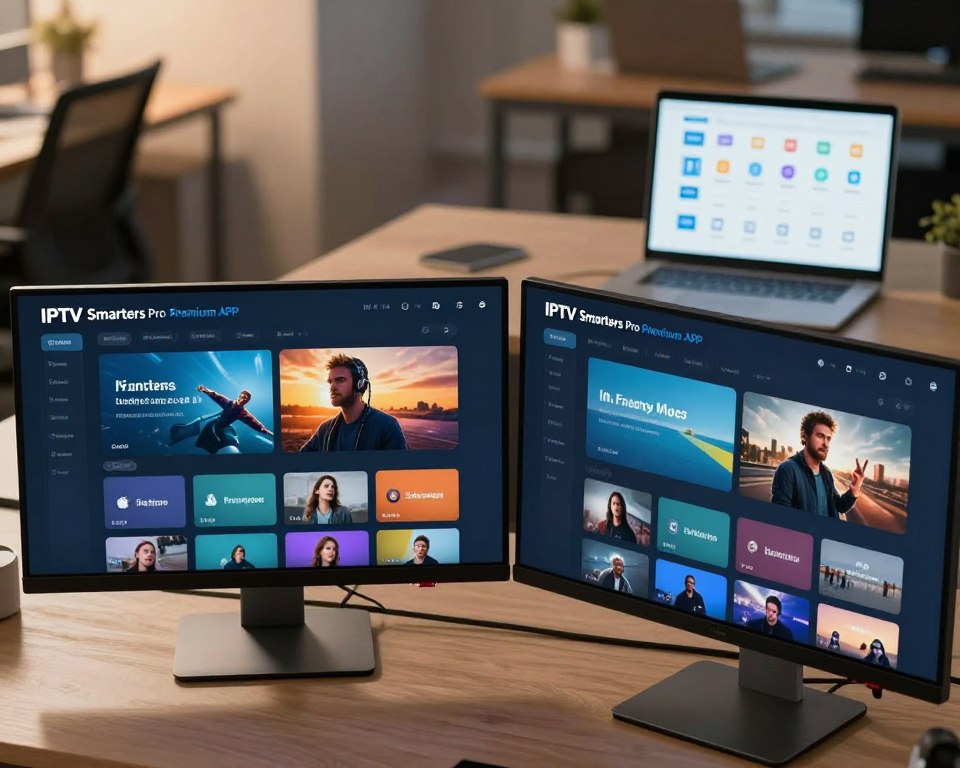 A detailed comparison of the IPTV Smarters Pro Premium APK interface displayed on multiple screens in a modern, tech-inspired workspace. In the foreground, showcase two desktop monitors side by side, each featuring vivid screenshots of the app on different versions, highlighting variations in design and functionality. In the middle ground, include a sleek laptop displaying a comparison chart with icons representing features. The background should consist of a blurred office environment with soft, warm lighting, creating a welcoming atmosphere. Use an overhead angle to capture the entire setup, with reflections of light softly illuminating the screens, emphasizing a professional yet innovative mood. No text or watermarks present in the image.