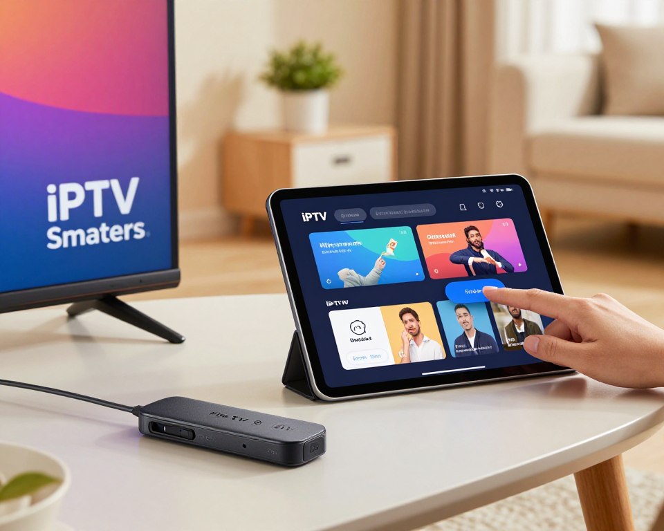 A detailed flat lay setup of a Fire TV Stick alongside a tablet displaying the IPTV Smarters app interface. In the foreground, the Fire TV Stick is connected to a television with a vibrant screen showcasing the IPTV Smarters logo. In the middle, a hand is holding the tablet, naturally positioned with fingers ready to tap on the app's download button. The background features a cozy living room setting with a soft, warm light, emphasizing a relaxed atmosphere. The furniture is modern and minimalistic, with a subtle touch of greenery from potted plants. The overall mood is inviting and tech-savvy, perfect for a tutorial section on installation procedures.