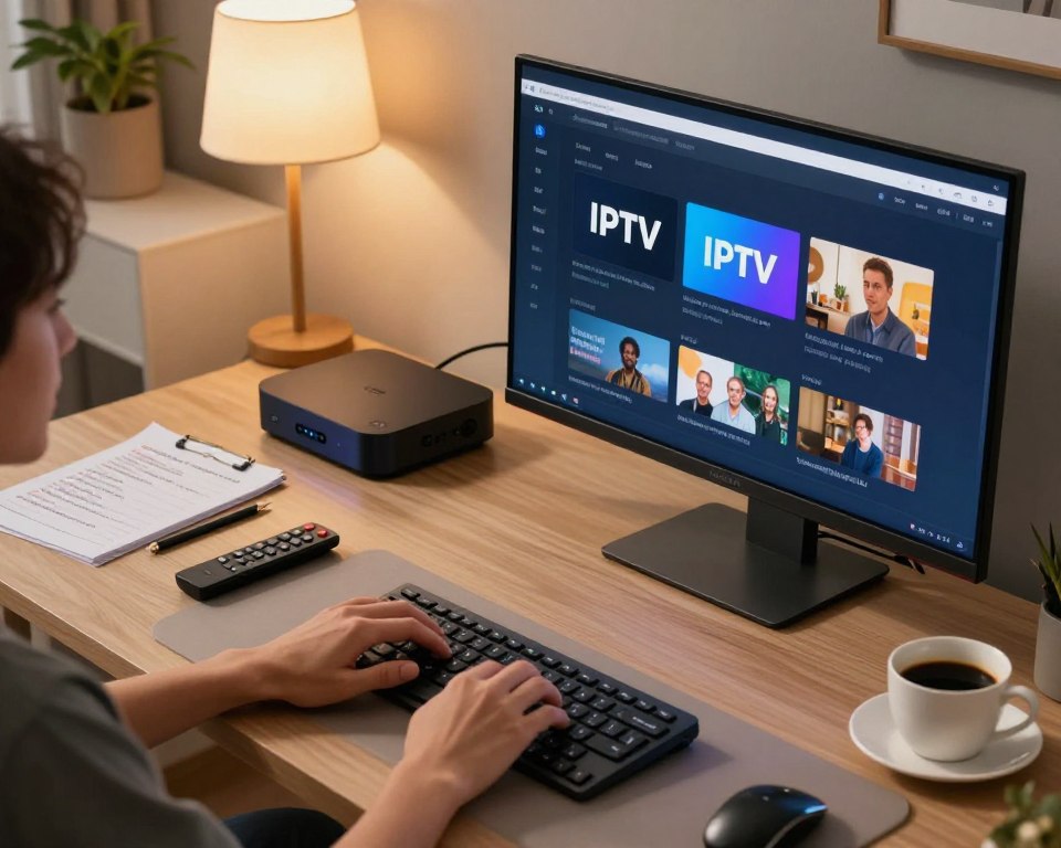 A detailed workspace scene featuring a modern home office setup with a computer monitor displaying IPTV configuration settings. In the foreground, a hand is actively typing on a sleek keyboard, surrounded by technical devices like a smart TV, streaming box, and remote controls. The middle space includes notes with configuration tips neatly arranged beside a cup of coffee. In the background, a warm ambient light fills the room, casting a cozy glow over the minimalist decor, emphasizing comfort and functionality. The overall atmosphere is focused and professional, designed to illustrate the ease of using and configuring an IPTV subscription. The shot should be taken from a slightly elevated angle, showcasing the workspace composition effectively.