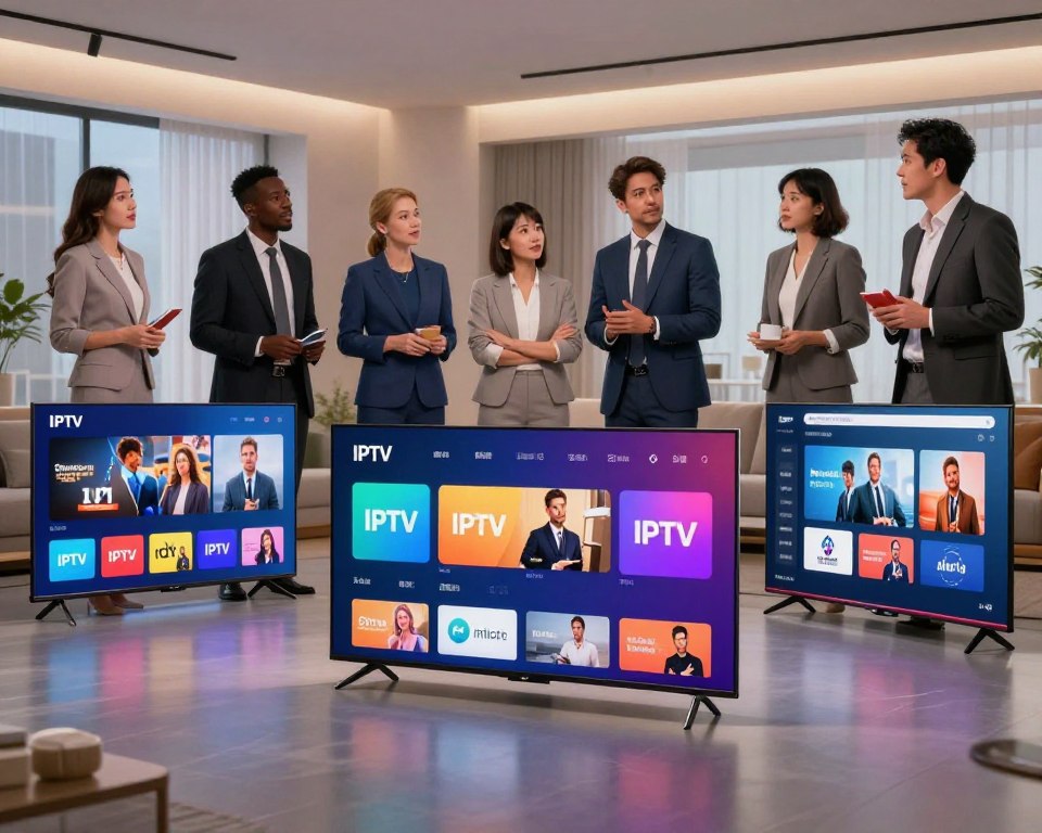 A dynamic comparison scene showcasing various IPTV services in an engaging manner. In the foreground, display three sleek, modern smart TVs, each showcasing different user interfaces representing distinct IPTV platforms. Use bright, vibrant colors to differentiate each service's design. In the middle ground, include a diverse group of professionals in business attire discussing and analyzing the TVs, with expressions of curiosity and intrigue. In the background, depict a modern living room environment with soft, ambient lighting that creates a cozy yet professional atmosphere. The angle should be slightly elevated, capturing the entire scene in a balanced perspective to emphasize the comparison. Aim for a clean, sophisticated mood that highlights innovation in IPTV technology.