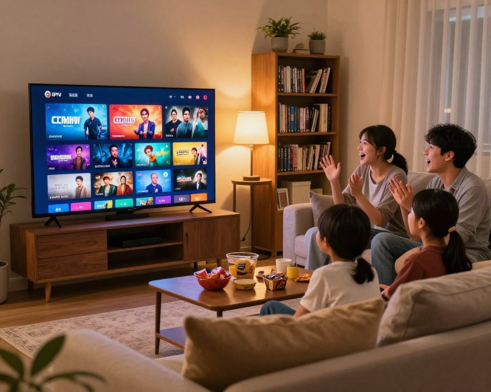 A dynamic home entertainment scene capturing a cozy living room set up for watching IPTV. In the foreground, a stylish modern television displays vibrant graphics of various films, series, and live programs, indicating diverse content options. A comfortable couch with soft pillows invites viewers in. A family of four, dressed in modest casual clothing, shares the space, with expressions of excitement and engagement as they enjoy the content together. In the background, warm lighting creates an inviting atmosphere, with decorative elements like a bookshelf filled with DVDs and a coffee table cluttered with snacks, adding to the homely feel. The scene conveys a sense of togetherness and enjoyment, highlighting the variety and appeal of streaming services in an inviting, family-oriented environment.