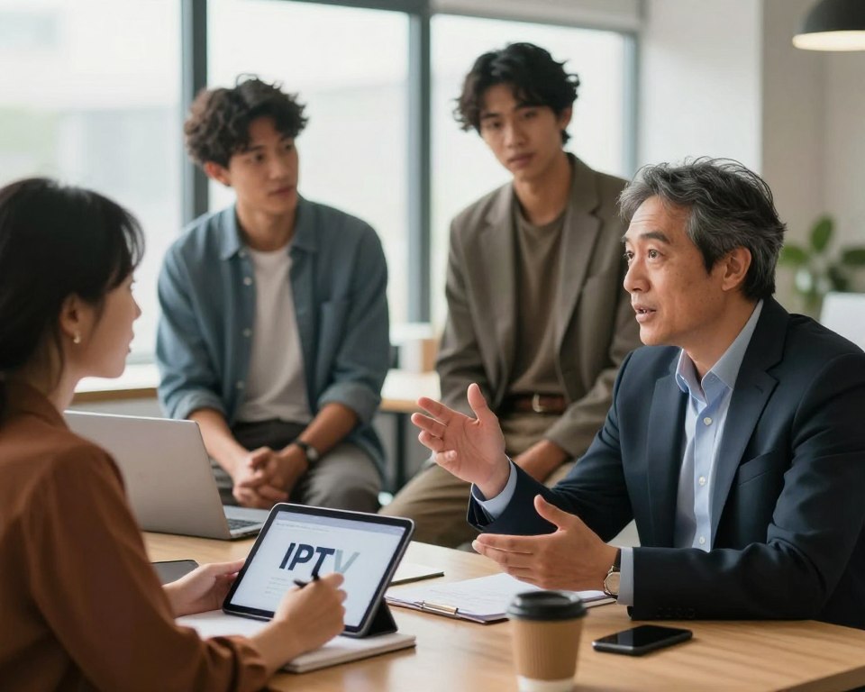 A dynamic scene depicting a diverse group of individuals engaging in a discussion about their experiences with an IPTV service. In the foreground, a middle-aged man in a business suit sits at a table, animatedly sharing his thoughts, while a woman in smart casual attire listens intently, taking notes on a tablet. In the middle ground, two other individuals, one dressed in a casual shirt and the other in a blazer, face each other, exchanging opinions. The background features a modern office setting with large windows allowing soft, natural light to pour in, creating a warm and inviting atmosphere. Objects like a coffee cup and a laptop are scattered across the table, hinting at a productive meeting. The overall mood is one of open dialogue and collaboration, reflecting realistic customer feedback. Bright but balanced lighting ensures clarity in expression and detail.