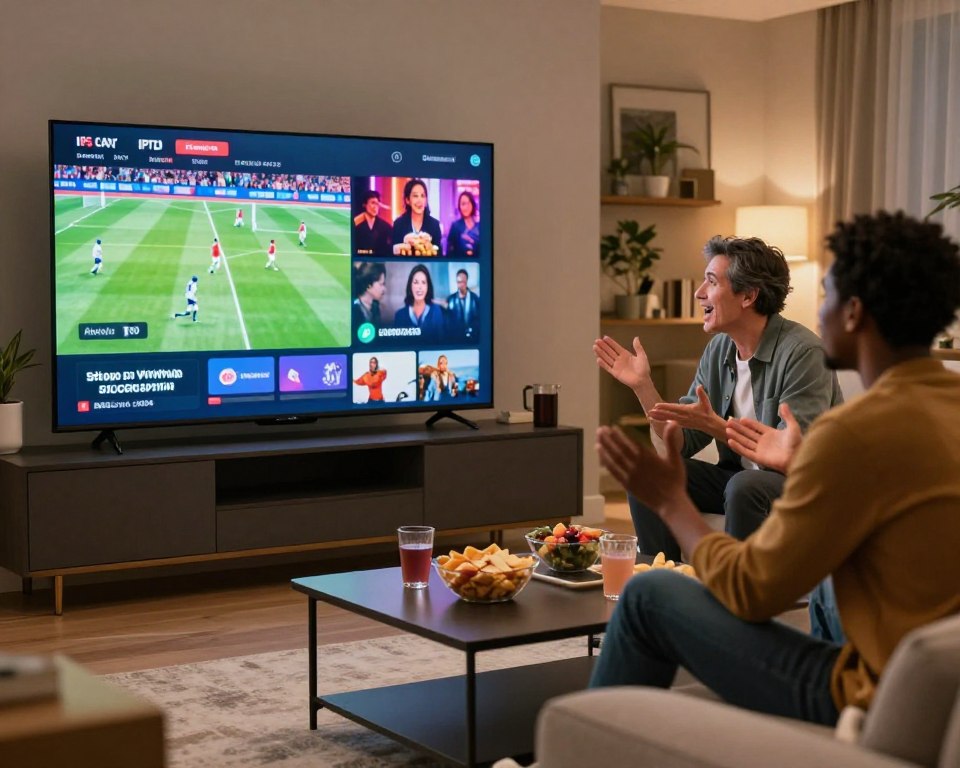 A dynamic, vibrant depiction of the benefits of a premium IPTV subscription. In the foreground, a modern living room setting showcases a sleek large-screen television displaying vivid streaming content, such as a sports game and a movie night scene on the screen. In the middle, a diverse group of three adults, dressed in smart casual attire, are enjoying a relaxed moment together. They are engaged in conversation, with expressions of excitement and satisfaction. The background features cozy decor, with soft lighting that creates a warm, inviting atmosphere. A stylish coffee table laden with snacks and drinks complements the scene. The image should be well-lit, with a slight depth of field to focus on the joyful interaction and the appealing content on the television, conveying a sense of luxury and enjoyment.