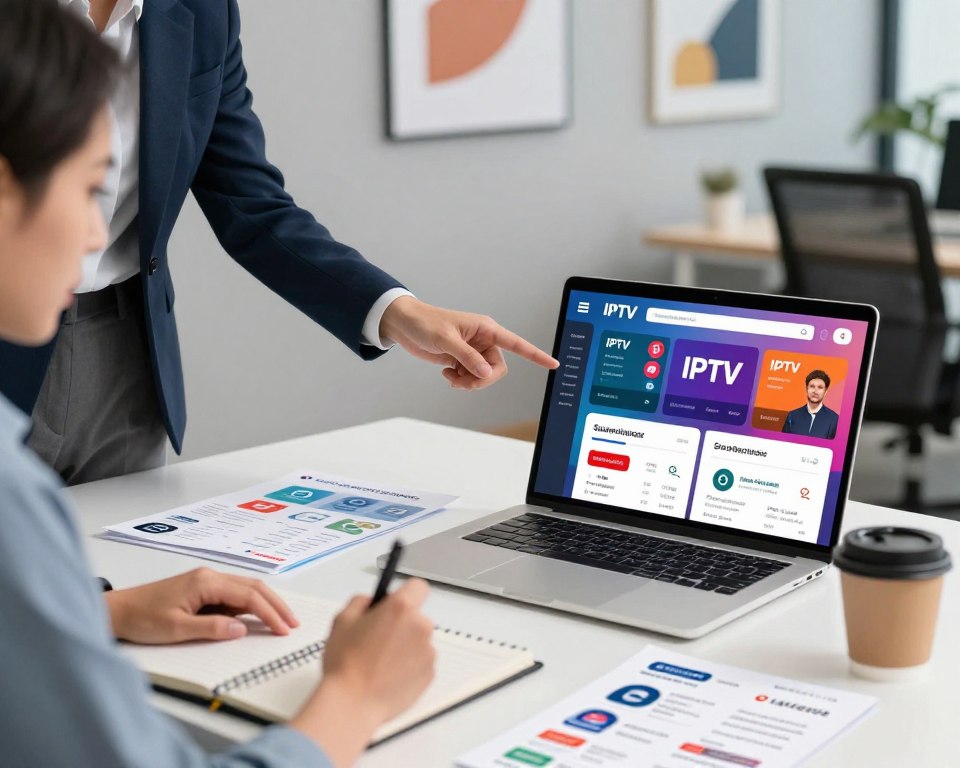 A dynamic, visually engaging comparison of IPTV service providers, featuring a clean and modern workspace setting. In the foreground, a sleek laptop displays a vibrant digital dashboard with streaming statistics and service options. To the left, a professional-looking individual in smart business attire points at the screen, discussing various IPTV features with a colleague, who takes notes on a tablet. The middle ground shows a table strewn with pamphlets, each illustrating different IPTV service logos and features, while a coffee cup sits nearby, adding a casual touch. The background features a softly lit office with abstract wall art, enhancing a productive and organized atmosphere. The overall mood is informative and collaborative, perfect for illustrating a technology-focused article.