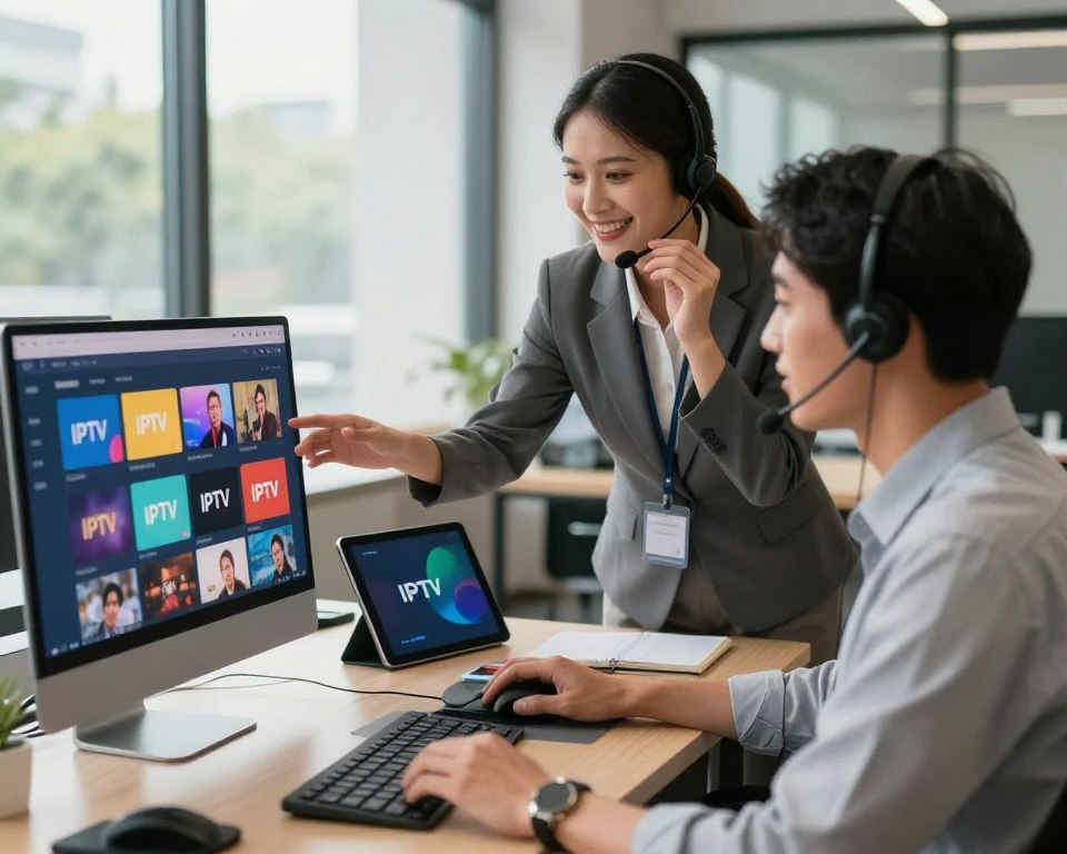 A friendly customer support representative in a modern office setting, wearing professional attire and smiling while assisting a client through a headset. The foreground shows the representative focused on a computer screen displaying a vibrant IPTV interface, showcasing various channels. In the middle, a stylish desk with tech gadgets like a tablet and a notebook illustrates a proactive workspace. The background features large windows with soft daylight streaming in, creating an inviting atmosphere. Use warm lighting to enhance the mood of reliability and accessibility. Capture this scene with a slightly elevated angle to emphasize the connection between support staff and clients, evoking a sense of trust and dedication to customer service.