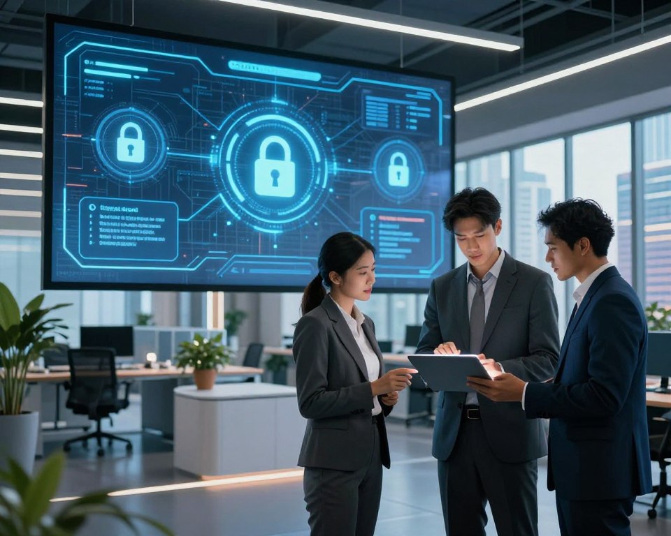 A futuristic office environment, showcasing a large digital screen displaying secure access icons and software update notifications. In the foreground, a diverse group of three professionals wearing smart business attire are interacting with a tablet, emphasizing teamwork and collaboration. The middle ground features sleek, minimalist furniture, with potted plants providing a touch of greenery. Soft, ambient lighting enhances the modern atmosphere, creating a sense of innovation and reliability. The background includes large windows showing a vibrant cityscape, symbolizing connectivity and access. The overall mood is dynamic and professional, reflecting themes of security and cutting-edge technology in information access.