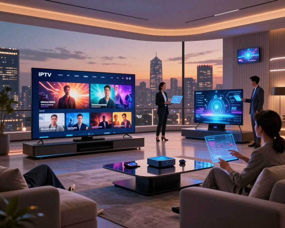A futuristic scene depicting the evolution of IPTV technology in 2026. In the foreground, a sleek, high-tech living room with a large, ultra-HD screen displaying vibrant streaming content, surrounded by modern furniture. In the middle ground, diverse individuals dressed in professional attire engage with advanced IPTV devices, showcasing seamless interaction with augmented reality interfaces. The background features a city skyline illuminated by digital billboards, showcasing tech advancements, with a twilight sky casting a warm glow. Soft, ambient lighting enhances the futuristic vibe, highlighting the innovative technology. The overall atmosphere conveys excitement and progress in home entertainment technology.