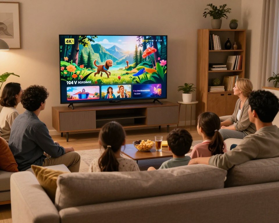 A high-definition living room scene showcasing a family enjoying their favorite IPTV streaming service on a large 4K television. In the foreground, a cozy couch with stylish cushions, where a diverse group of adults is sitting together, dressed in comfortable yet casual clothing. The middle ground features a sleek 4K television displaying a vibrant nature documentary rich in colors, clearly emphasizing the detail of 4K quality. Soft, ambient lighting creates a warm atmosphere, with a side table holding snacks and drinks, enhancing the inviting feel of the room. In the background, modern decor and shelves filled with books and plants add depth to the setting, emphasizing a tech-savvy yet comfortable home environment. The focus captures the essence of immersive entertainment and family bonding, with a feeling of relaxation and enjoyment.