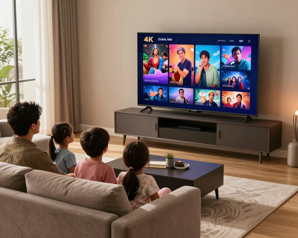 A high-definition living room setting showcasing a family enjoying IPTV on a large, modern 4K television. In the foreground, a comfortable sofa with elegant cushions, where a diverse family consisting of two adults and two children are sitting together, deeply engaged in watching vivid, colorful TV content. The middle features a sleek entertainment center holding the TV, with soft ambient lighting highlighting the rich textures of the furniture. In the background, a spacious window allows natural light to filter in, enhancing the cozy atmosphere. Use a warm color palette to evoke a sense of togetherness and enjoyment, while showcasing the clarity and detail that 4K resolution offers. The lighting should be soft and inviting, creating a welcoming vibe.
