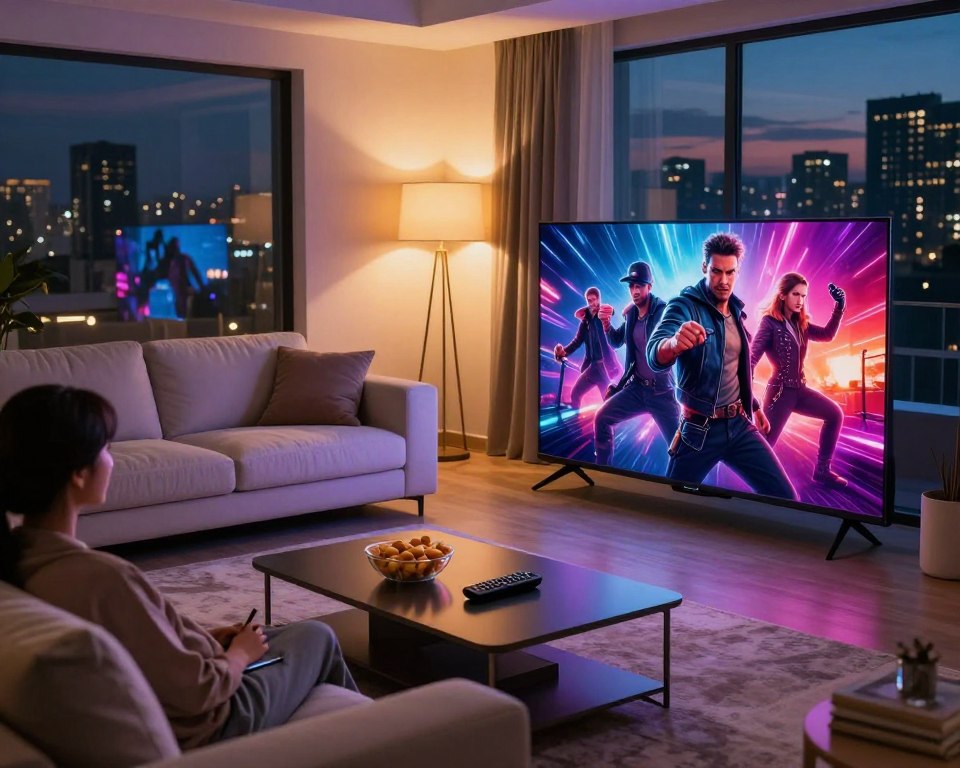 A high-definition streaming experience depicted in a cozy, modern living room. In the foreground, a sleek, ultra-HD television displaying a vivid, colorful scene from an action-packed movie. The middle ground features a comfortable sofa with plush cushions, ideal for relaxing while streaming. To the side, a stylish coffee table holds snacks and a remote control, enhancing the inviting atmosphere. The background includes soft ambient lighting from elegant lamps, casting a warm glow throughout the room. A large window reveals a twilight cityscape outside, with twinkling lights reflecting the excitement of urban life. The mood is vibrant and engaging, capturing the essence of high-quality streaming entertainment.