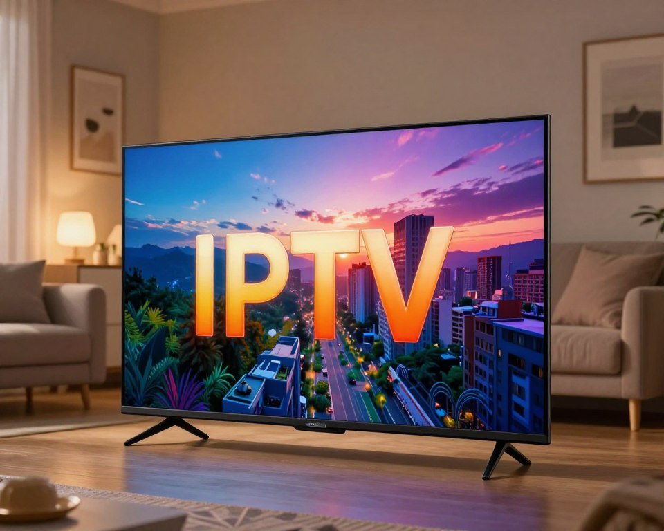 A high-definition television display showcasing breathtaking, crystal-clear visual quality related to IPTV technology. In the foreground, the sleek design of a modern flat-screen TV is prominently featured, displaying vibrant colors and sharp contrast. The middle ground includes a comfortable living room environment, with a stylish couch and subtle lighting that enhances the ambiance, creating a cozy and inviting atmosphere. In the background, soft focus on the walls adorned with minimalistic decor to emphasize the technology. The lighting should be warm and inviting, simulating a home setting in the evening. Capture a sense of innovation and quality in this serene, well-balanced scene, highlighting the benefits of high-quality image experience in modern IPTV service.