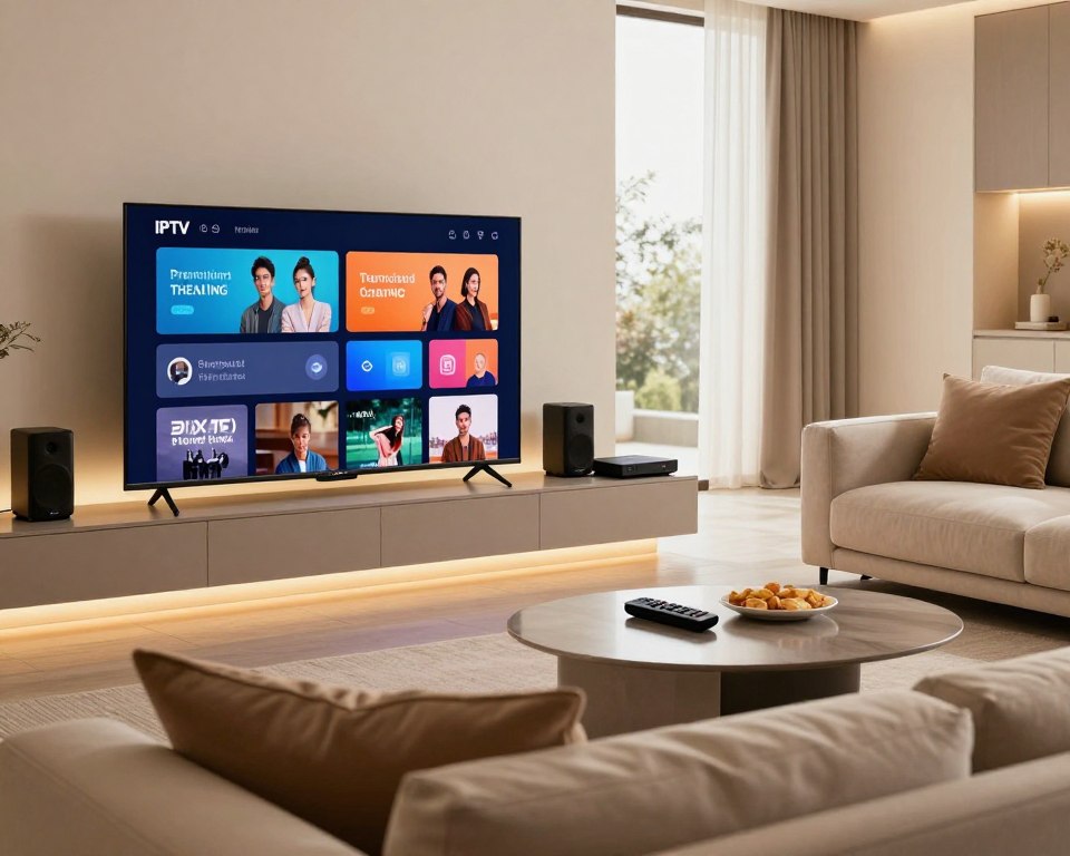 A high-quality IPTV service depicted in a modern living room setup, emphasizing the advantages of premium television viewing. In the foreground, a sleek flat-screen TV displays vibrant streaming content, showcasing crisp colors and sharp details. A comfortable sofa with elegant cushions invites viewers to relax. To the side, a stylish coffee table holds remote controls and snacks, hinting at a cozy viewing experience. The middle layer includes ambient lighting that creates a warm, inviting atmosphere, highlighting the tech devices like a media player and speakers around the room. The background features a large window with soft, natural light illuminating the space, suggesting a serene home environment. The mood is relaxed and sophisticated, perfect for enjoying high-quality entertainment.