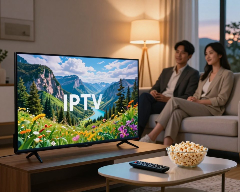 A high-quality image representing IPTV streaming, featuring a cozy living room setting. In the foreground, a sleek modern television displays a vibrant scene of a nature documentary, highlighting crystal-clear picture quality with vivid colors. A remote control is placed on a stylish coffee table, alongside a bowl of popcorn. The middle ground features a comfortable sofa where a professionally dressed couple, seated side-by-side, appears engrossed in the show, showcasing their enjoyment. In the background, the warm light from a floor lamp creates a relaxing atmosphere, while a large window shows a soft evening glow from outside. The scene communicates the advantages and high quality of IPTV streaming, evoking a sense of comfort and entertainment.