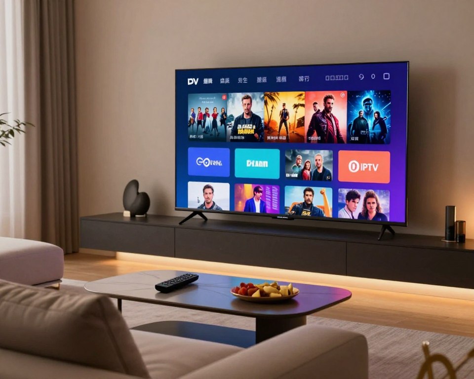 A high-resolution image showcasing a modern, sleek living room with a large flat-screen TV displaying vibrant streaming content, symbolizing high-quality IPTV. In the foreground, a comfortable couch adorned with plush cushions invites relaxation. In the middle, the TV screen glows with a colorful interface featuring movie posters and channel logos, reflecting advanced streaming technology. The background features soft ambient lighting, creating a cozy atmosphere, while a stylish coffee table holds a remote control and snacks, enhancing the inviting setting. The scene is captured with a warm color palette and a slight depth of field effect, emphasizing the contrast between the vivid screen and the tranquil environment. The overall mood is one of comfort and modern technology, perfect for enjoying premium entertainment.
