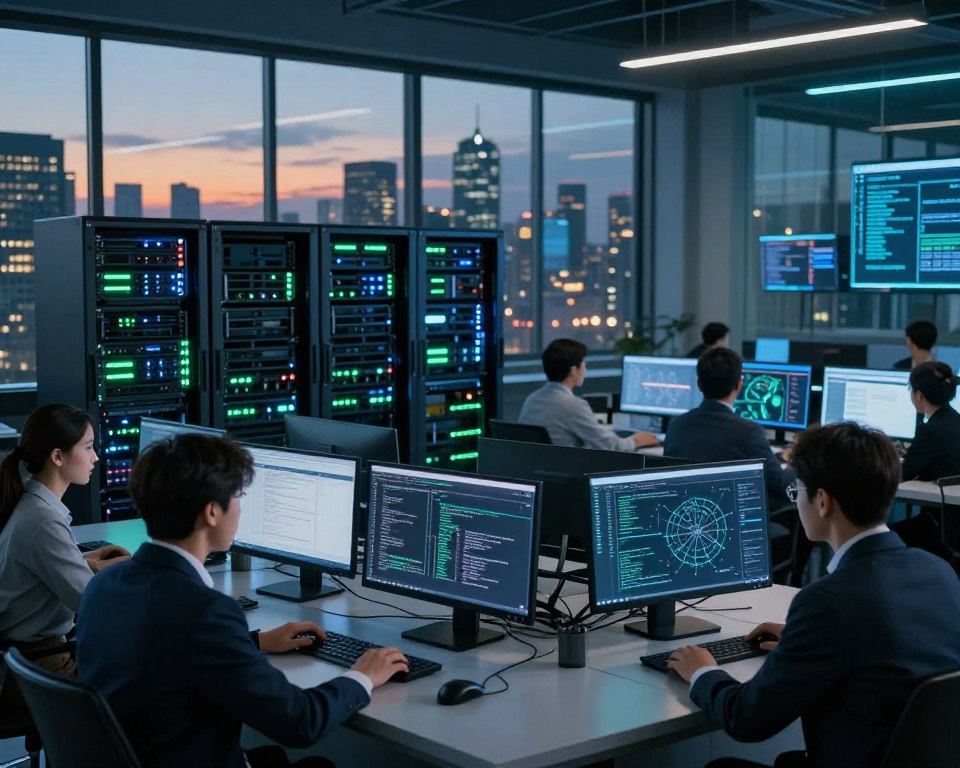 A high-tech infrastructure control center showcasing advanced streaming security. In the foreground, a diverse group of professionals in smart business attire are collaborating over multiple computer screens displaying coding interfaces, network maps, and security protocols. The middle contains sleek, modern hardware racks filled with blinking servers, illustrating robust data management. In the background, large glass windows reveal a city skyline at dusk, with a subtle warm glow illuminating the scene, symbolizing reliability and availability. Dramatic blue and green lighting enhances the tech atmosphere, while reflections on the glass add depth. The composition captures a sense of security, trust, and cutting-edge technology essential for quality streaming infrastructure.