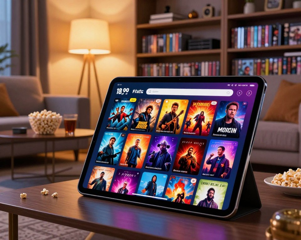 A luxurious, colorful digital catalog showcasing a rich assortment of over 18,000 films and series. In the foreground, a sleek, modern digital tablet displays a vibrant interface filled with thumbnails of various genres—action, drama, comedy, and documentaries—highlighted in radiant colors. The middle layer features a cozy modern living room setting, complete with a plush sofa and a stylish coffee table adorned with popcorn and beverages. In the background, bookshelves filled with physical DVDs and decorative items create a warm, inviting atmosphere. Soft, ambient lighting from a nearby lamp casts a golden glow, enhancing the scene's inviting feel. The overall mood is one of excitement and accessibility, encouraging viewers to explore a world of exclusive content.