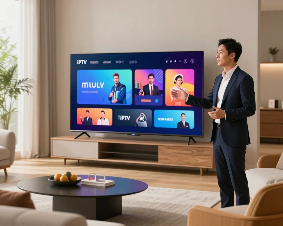 A modern IPTV product presentation scene showcasing a sleek, futuristic TV with a vibrant display of digital streaming icons. In the foreground, a well-dressed professional presenter stands confidently beside the TV, gesturing towards the screen to emphasize the quality of the IPTV service. The middle layer features a stylish living room setting, complete with minimalist furniture and warm, inviting decor, conveying a sense of comfort and sophistication. Soft, natural lighting filters through large windows, creating an inviting atmosphere. The background is slightly blurred to focus attention on the presenter and the TV, giving a sense of depth. The overall mood is professional yet approachable, highlighting innovation and top-tier service.
