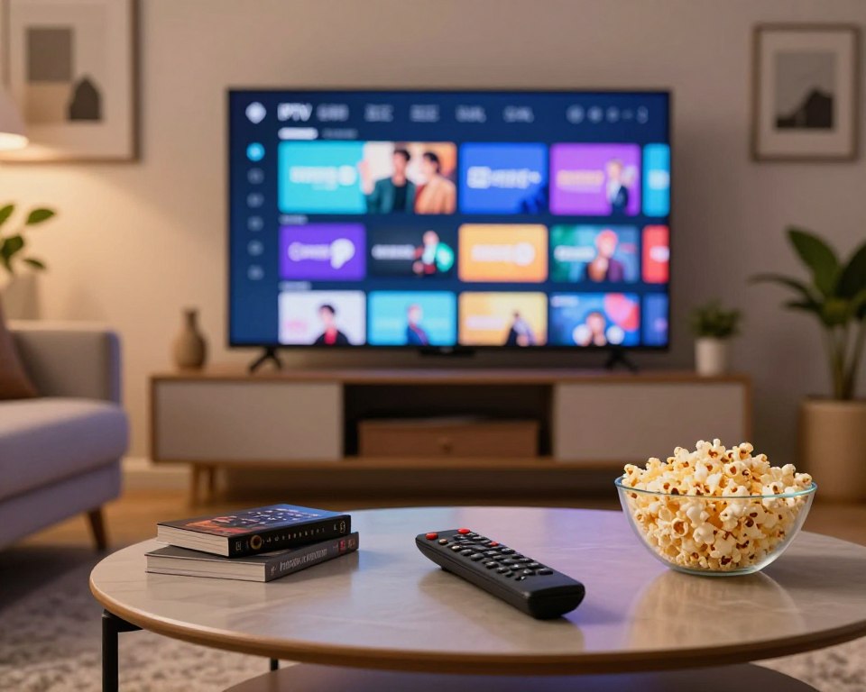 A modern IPTV service interface displayed on a sleek, high-resolution television screen in a cozy living room setting. In the foreground, a remote control rests on a stylish coffee table, surrounded by a few streaming guides and a bowl of popcorn, indicating a relaxed viewing experience. The middle ground features a comfortable sofa with plush cushions, and a wall-mounted TV showcasing a vibrant user interface with various colorful streaming options and categories. In the background, soft ambient lighting creates a warm atmosphere, while the room is decorated with contemporary artwork and plants. The scene conveys a sense of connectivity and entertainment, making it inviting for potential viewers exploring IPTV services.