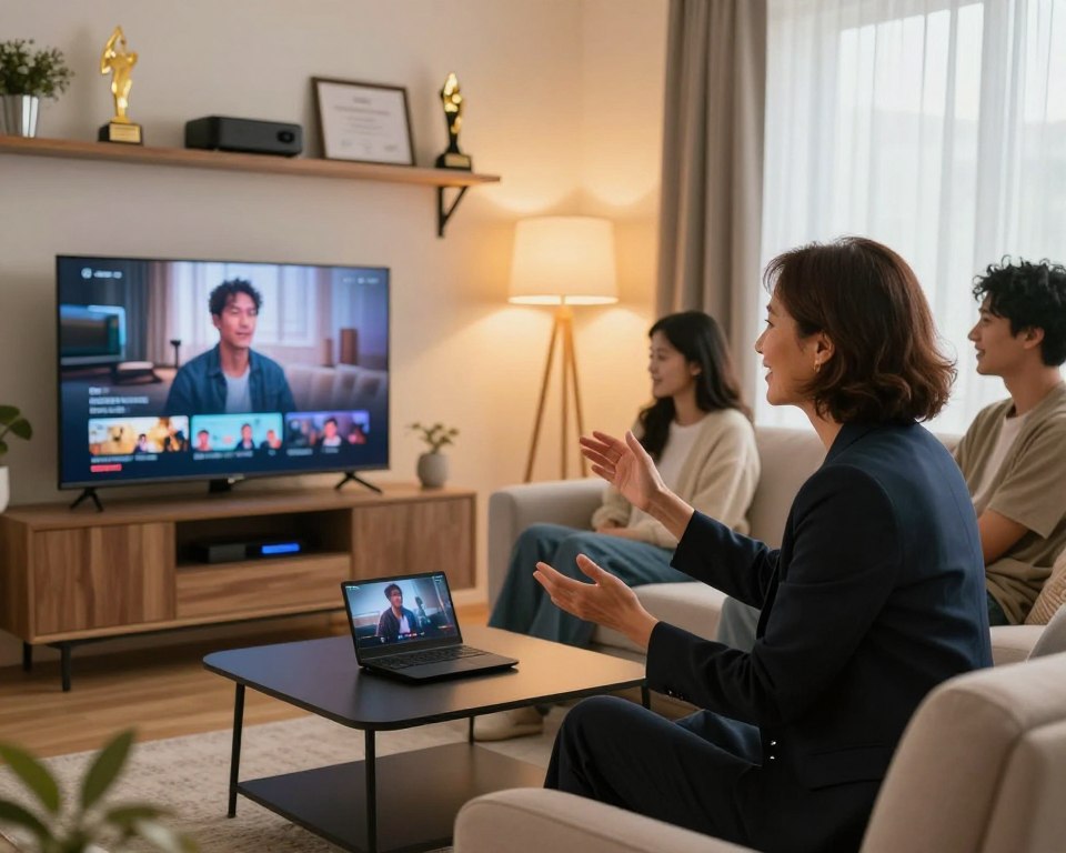 A modern and inviting living room setting, featuring a diverse group of individuals engaged in streaming on multiple devices. In the foreground, a middle-aged woman in professional attire is enthusiastically sharing her positive experience with friends. The middle ground showcases a young couple, comfortably seated on a couch, immersed in watching high-definition content on a sleek television. The backdrop includes warm ambient lighting, with shelves decorated with streaming-related awards and certificates, creating a cozy, tech-savvy atmosphere. Employ soft, natural lighting from a window, emphasizing the relaxed interaction among the users. Capture a sense of satisfaction and connection, reflecting the shared excitement of quality streaming experiences without any interruptions or distractions. Ensure all individuals are portrayed in professional, modest clothing.