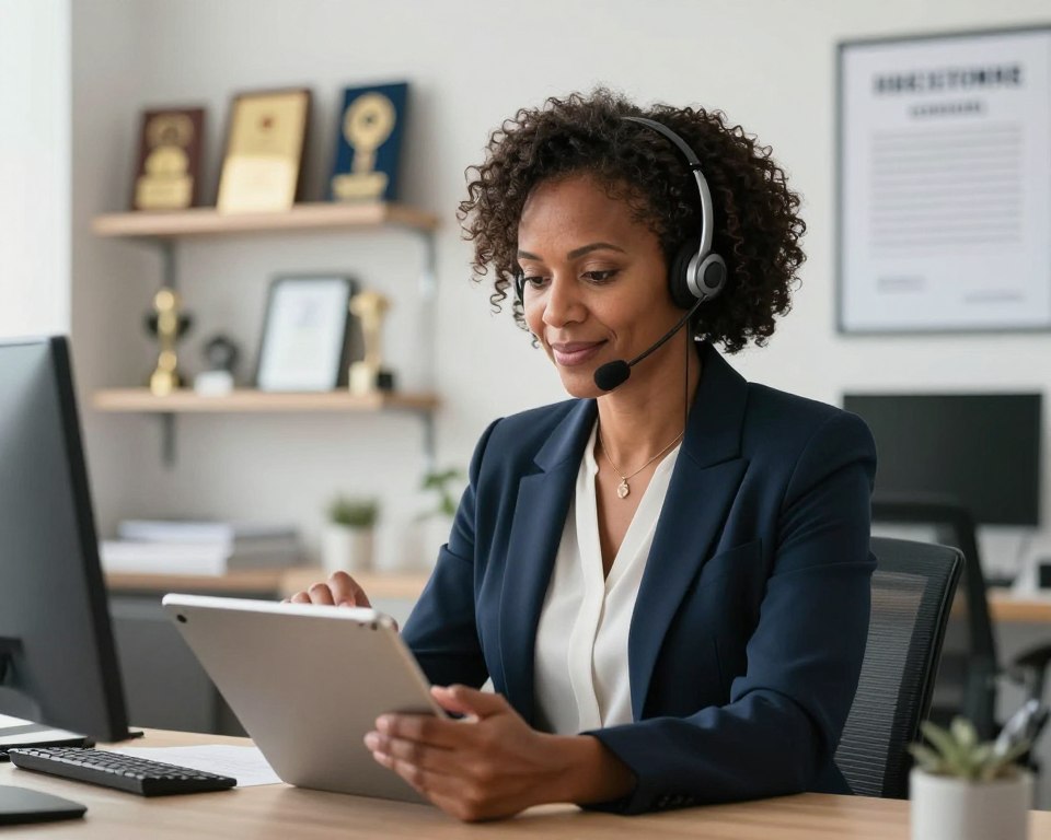 A modern and professional customer service representative in a sleek office environment, actively engaging with a client over a high-tech tablet. The foreground features the representative, a middle-aged Black woman in smart business attire, with a focused expression and a friendly demeanor. In the middle, a bright, contemporary office space filled with soft natural light enhances the professional atmosphere. The background showcases shelves with neatly arranged awards and customer service guidelines, symbolizing excellence in support. The overall mood is warm and inviting, conveying a sense of responsiveness and reliability in customer service. Soft shadows and a slight depth of field focus on the representative, emphasizing her attentive role in providing quality support.