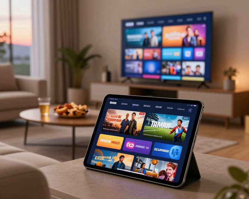 A modern and sleek digital catalogue showcasing a variety of television channels and exclusive content offerings. In the foreground, include an open tablet displaying vibrant images of popular TV shows, movies, and sports events. The middle ground should feature a stylish living room setting, with a cozy sofa and a coffee table adorned with snacks and drinks, creating a welcoming atmosphere for viewers. In the background, a large flat-screen TV on the wall displays a dynamic menu with channel logos, emphasizing variety and excitement. Soft, warm lighting illuminates the scene, giving it a homey feel, while a blurred window shows a glimpse of a sunset outside, enhancing the mood of relaxation and entertainment.