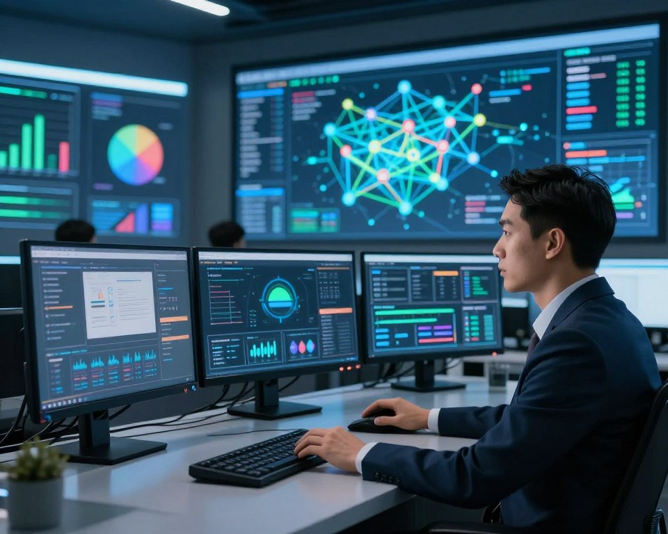 A modern and sleek digital control room filled with high-tech monitors displaying vibrant streaming interfaces, showcasing security and reliability features. In the foreground, a professional in smart business attire is actively monitoring the screens, demonstrating engagement and focus. The middle ground features a large, glowing digital map illustrating the network pathways and encryption protocols, with colorful indicators showing real-time data flow. In the background, a wall of data graphs and pie charts emphasizes stability and security. Soft blue and green lighting creates a calm yet authoritative atmosphere, while a slightly blurred depth of field focuses on the professional's concentrated expression. The overall mood reflects confidence in advanced streaming technology.