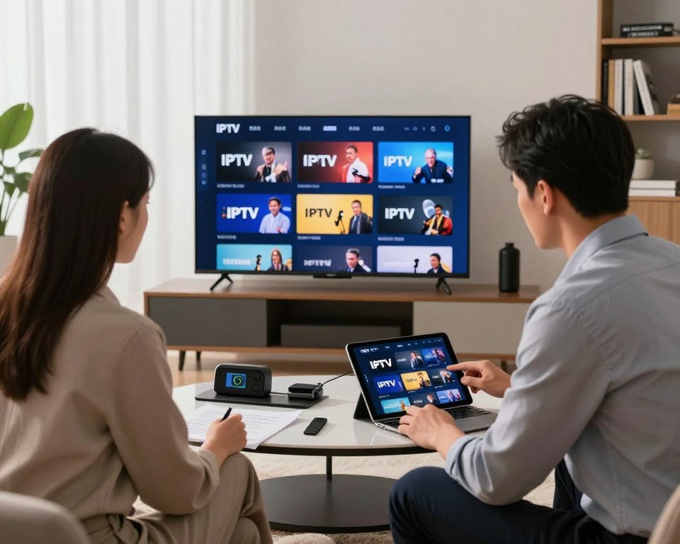 A modern and sleek living room setting showcasing a large flat-screen television displaying various IPTV channels. In the foreground, a well-dressed professional man and woman are intently examining a digital device like a tablet or laptop, analyzing IPTV service quality. The professional attire suggests expertise and trustworthiness. The middle ground features a stylish coffee table filled with gadgets and notes related to IPTV testing. Soft, natural lighting filters in through large windows, creating a warm and inviting atmosphere. In the background, minimalistic decor enhances the tech-savvy ambiance while a bookshelf filled with technology manuals and guides hints at thorough research. The overall mood is focused and informative, perfect for conveying reliable IPTV testing guidance.