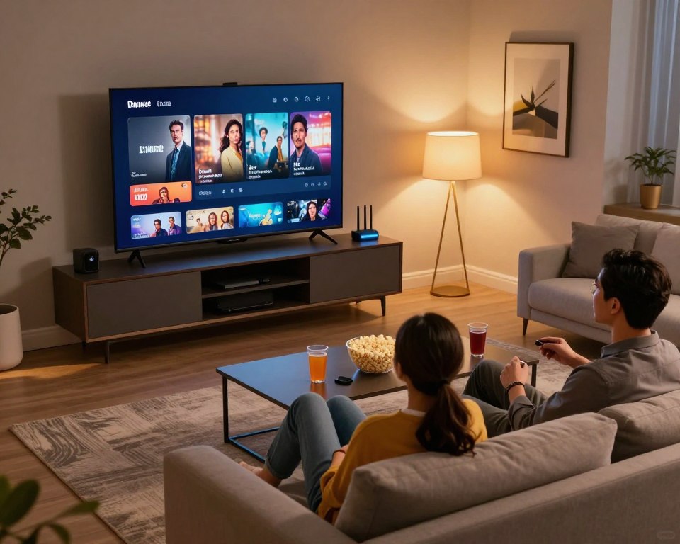 A modern, cozy living room setup showcasing a family enjoying a seamless streaming experience on a large flat-screen TV. In the foreground, a couple in professional casual attire sits comfortably on a stylish sofa, engrossed in a movie, with popcorn and drinks on a nearby coffee table. The middle ground features a sleek entertainment unit filled with various streaming devices and a glowing Wi-Fi router, symbolizing optimal connectivity. In the background, soft ambient lighting casts a warm glow throughout the room, while a wall adorned with framed art enhances the inviting atmosphere. The overall mood is relaxed and engaging, capturing the essence of optimal streaming usage. The angle of the shot is slightly elevated, providing a clear view of the family's enjoyment without distractions or clutter in the space.