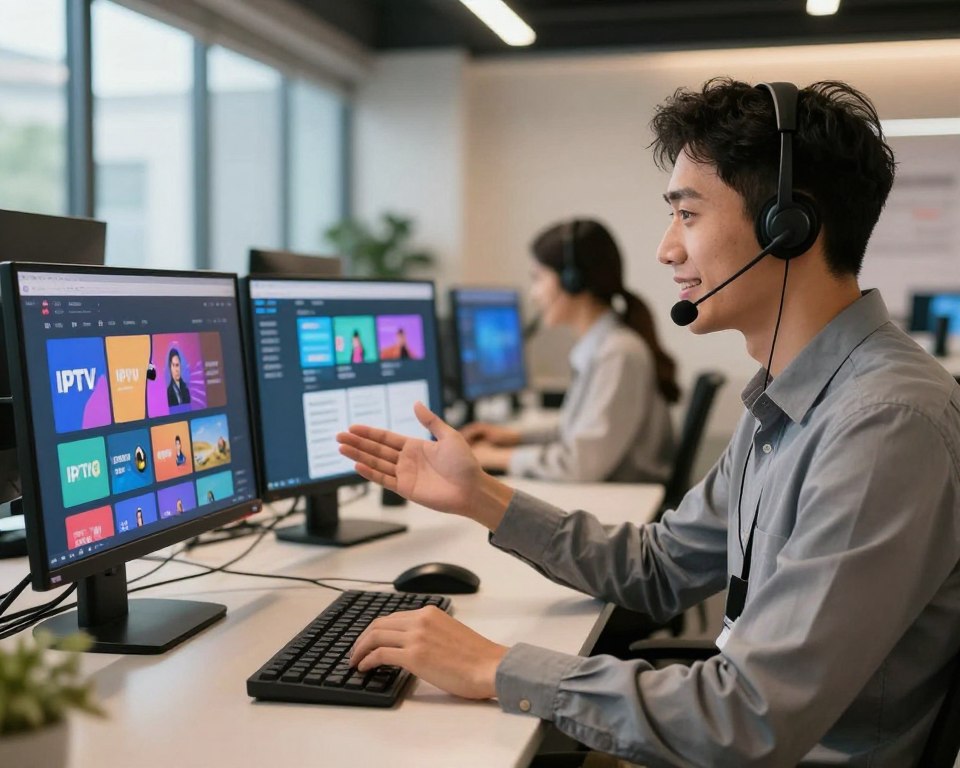 A modern customer support center showcasing a friendly representative providing IPTV assistance via a headset. In the foreground, a professional attendant dressed in smart casual attire is focused, gesturing while interacting with a screen displaying colorful graphic elements related to television services. The middle layer reveals a well-organized workplace with soft ambient lighting, sleek desks, and multiple monitors showing IPTV channels and support software. In the background, a large window allows natural light to pour in, enhancing the welcoming atmosphere. The overall mood is one of accessibility and support, conveying the essence of 24/7 customer service. The image is captured with a warm color palette, emphasizing a sense of reliability and professionalism.