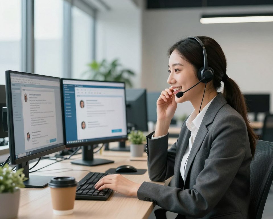 A modern customer support scene depicting a professional office environment. In the foreground, a friendly support agent, dressed in smart business attire, is attentively engaged in a conversation on a headset, showcasing a warm and approachable demeanor. In the middle ground, a high-tech workstation is visible, with multiple monitors displaying customer inquiries and software tools, reflecting efficiency and technological sophistication. The background features a sleek and minimalist office design, with soft natural light streaming through large windows, creating a supportive and inviting atmosphere. Incorporate subtle elements like a potted plant and a coffee cup on the desk to enhance the sense of comfort and professionalism. The overall mood should convey reliability, attentiveness, and a commitment to customer satisfaction.