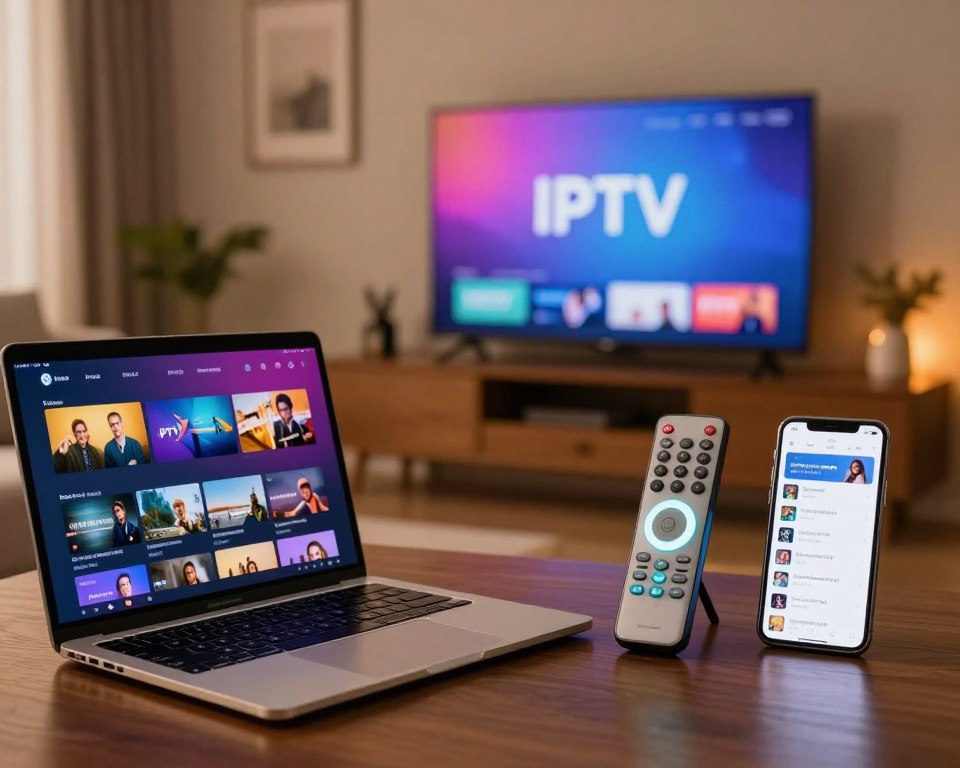 A modern desktop setup showcasing various IPTV applications and media players. In the foreground, a sleek laptop with a vivid screen displaying a colorful IPTV interface featuring live channels. Beside it, a smartphone highlights a list of recommended IPTV apps. The middle layer includes a stylish remote control, emphasizing user-friendly navigation with illuminated buttons. The background features a cozy living room setting, softly lit by warm ambient lighting, with a flat-screen TV mounted on the wall, displaying a vibrant streaming service logo. The atmosphere feels inviting and tech-savvy, with subtle elements like plant decor that enhance the homely vibe. Use a wide-angle lens to capture the entire scene, ensuring clarity and detail in each component without any distracting elements.