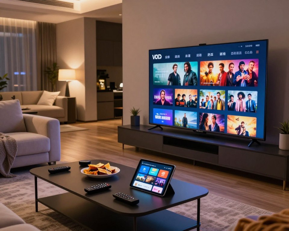 A modern digital media room showcasing a diverse selection of VOD channels. In the foreground, a sleek television screen displays a colorful user interface filled with various movie and TV show thumbnails, highlighting genres like drama, comedy, and action. The middle section features a stylish coffee table scattered with remote controls, snacks, and a tablet displaying a streaming app. In the background, a contemporary living room with plush seating and ambient lighting creates a cozy atmosphere. Soft, warm lighting casts a relaxed glow throughout the space, emphasizing an inviting mood. The angle should capture the full scene, focusing on the interplay between technology and comfort without any people present.