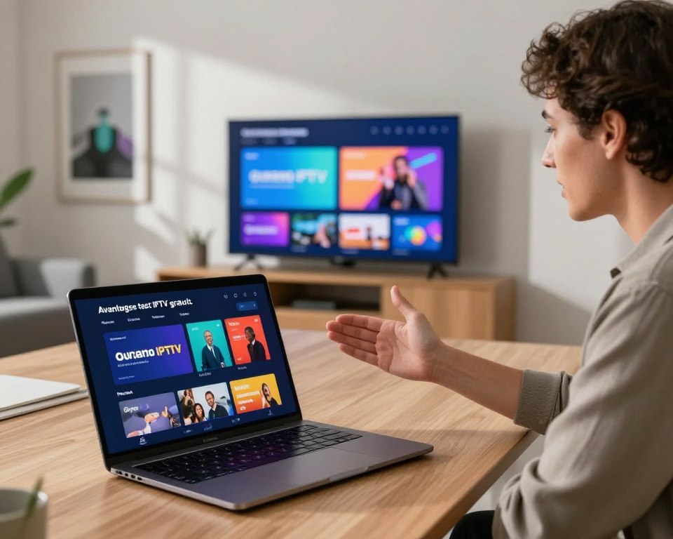 A modern digital meeting room illustrating the concept of "Avantages test IPTV gratuit." In the foreground, a sleek, high-tech laptop displays a vibrant interface with IPTV streaming options. To the side, a professional individual in smart casual attire gestures towards the laptop screen, exuding enthusiasm and confidence. In the middle background, a large smart TV showcases colorful IPTV content, surrounded by minimalistic furniture and soft ambient lighting. The walls are adorned with tech-related artwork, creating a contemporary atmosphere. The overall mood is inviting and informative, emphasizing the benefits of testing free IPTV services. Use natural lighting that casts gentle shadows, creating depth and engagement in the scene.