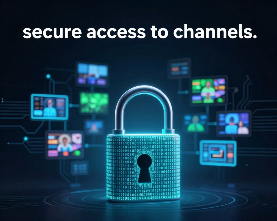 A modern digital security abstract design representing "secure access to channels." In the foreground, a stylized padlock made of binary code, symbolizing robust encryption. In the middle, a network of interconnected screens displaying various TV channels, each glowing softly in blue and green hues, suggesting accessibility and variety. The background features a sleek, dark gradient to enhance the futuristic feel, with faint circuit board patterns subtly integrated, representing technology and security. Soft, focused lighting highlights the padlock and screens, creating an inviting yet secure ambiance. The overall mood is one of safety, trust, and advanced technology, perfectly illustrating the theme of secure access to IPTV channels.