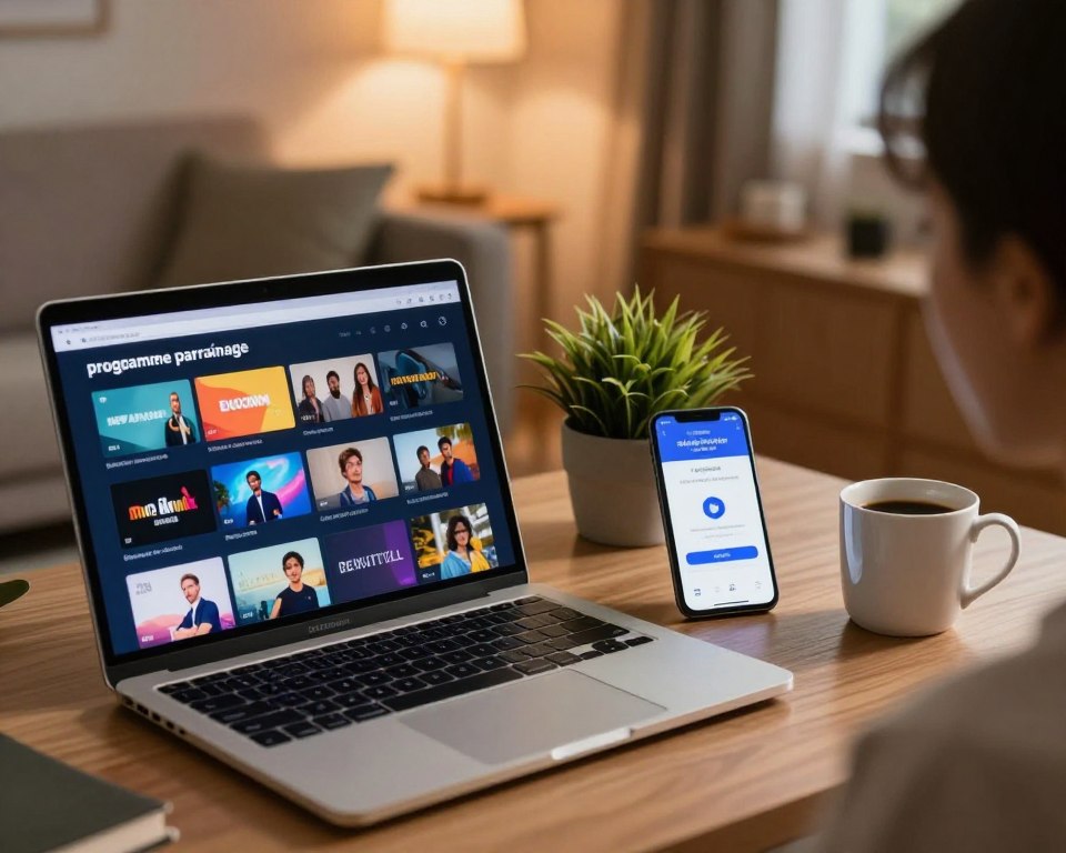 A modern digital setup showcasing the concept of "programme parrainage" for IPTV services. In the foreground, a sleek laptop displaying streaming options with vibrant icons representing various channels. Beside it, a smartphone also showing a mobile app interface featuring referral rewards. In the middle, a decorative plant adds a touch of homey warmth to the workspace, while an elegant coffee mug rests beside the devices. The background showcases a cozy living room with soft, ambient lighting illuminating the space, creating a welcoming atmosphere. The scene is captured from a slightly elevated angle, emphasizing the tech-savvy vibe while promoting the exclusive features of the referral program. The mood is engaging and professional, inviting viewers to explore premium viewing options.